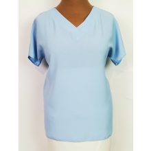 "V" nyakú, ejtett vállú, világoskék színű, selymes anyagú  alkalmi felső 42-52
