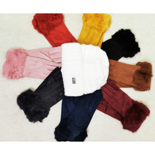 5 ujjas, vékony béléses, csuklónál szőrmés, velúros anyagú, telefon kezelős pamut kesztyű