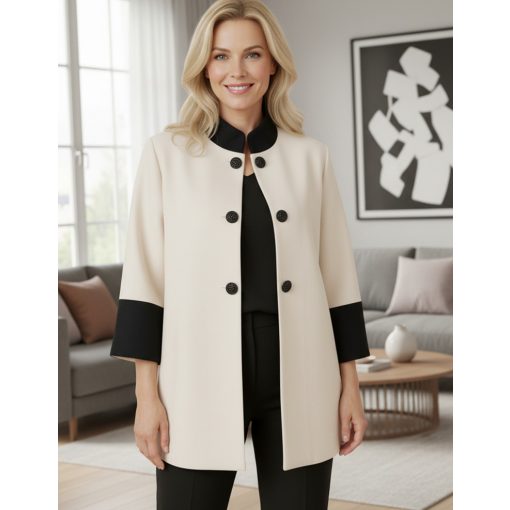 Selyembéléses, bézs alapszínű, cipzárral variálható, átmeneti, alkalmi szövet kabát 4XL/5XL-5XL/6XL