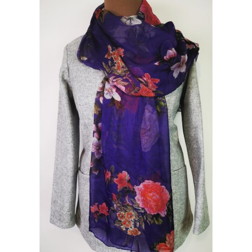 Nagy méretű, lila alapon, nagy színes virág mintás selyemkendő