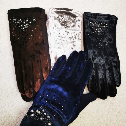 Színes, 5 ujjas, vékony béléses, díszített női kesztyű