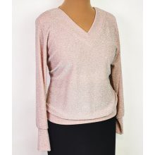 "V" nyakú, hosszú, rózsaszín színű, csillogó mintás, selymes anyagú alkalmi felső 46-52