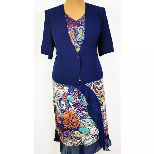 "V" nyakú, rövid ujjú, dupla anyagú, színes mintás muszlin ruha  42-52