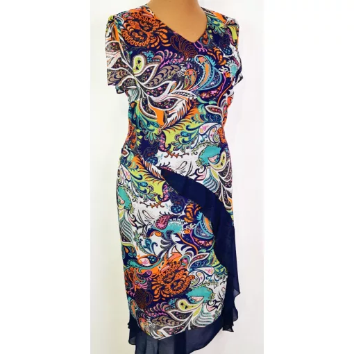 "V" nyakú, rövid ujjú, dupla anyagú, színes mintás muszlin ruha  42-52