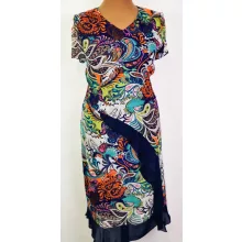 "V" nyakú, rövid ujjú, dupla anyagú, színes mintás muszlin ruha  42-52