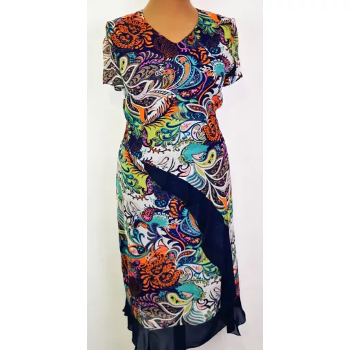 "V" nyakú, rövid ujjú, dupla anyagú, színes mintás muszlin ruha  42-52