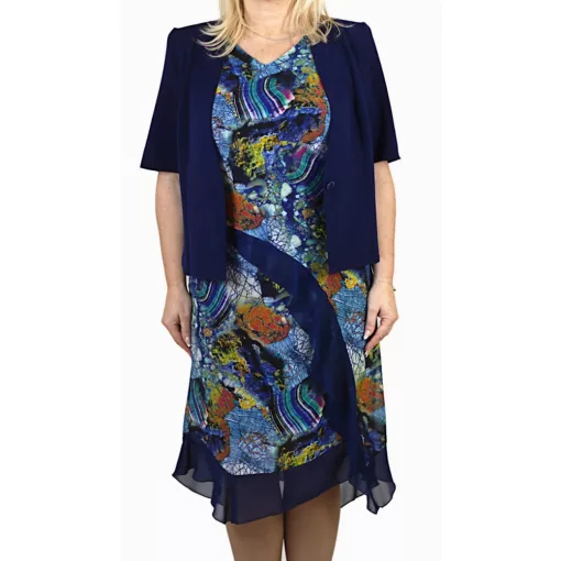 "V" nyakú, rövid ujjú, dupla anyagú, színes mintás muszlin ruha  42-52