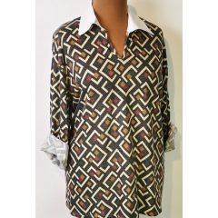   "V" nyakú, 3/4-es ujjú, színes mintás, fehér galléros, pamutos anyagú felső 2XL/4XL