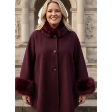 Selyembéléses, padlizsán lila színű, szőrme díszítéses, átmeneti, alkalmi szövet kabát 4XL/5XL-6XL/7XL