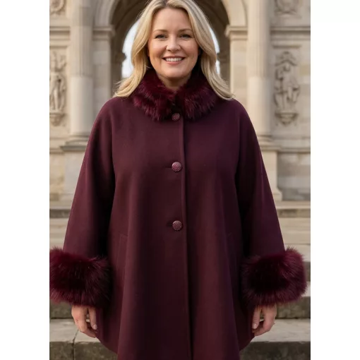 Selyembéléses, padlizsán lila színű, szőrme díszítéses, átmeneti, alkalmi szövet kabát 4XL/5XL-6XL/7XL