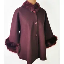 Selyembéléses, padlizsán lila színű, szőrme díszítéses, átmeneti, alkalmi szövet kabát 4XL/5XL-6XL/7XL