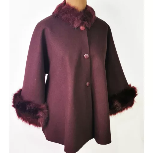 Selyembéléses, padlizsán lila színű, szőrme díszítéses, átmeneti, alkalmi szövet kabát 4XL/5XL-6XL/7XL