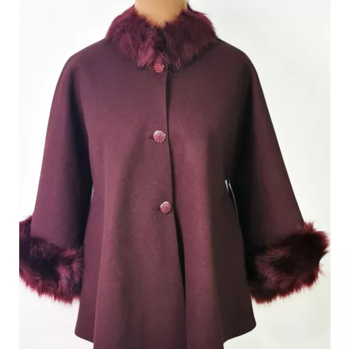 Selyembéléses, padlizsán lila színű, szőrme díszítéses, átmeneti, alkalmi szövet kabát 4XL/5XL-6XL/7XL