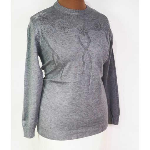 Kerek nyakú, hosszú ujjú, gépi kötött, enyhén csillogó mintás, pamutos anyagú felső XL/2XL