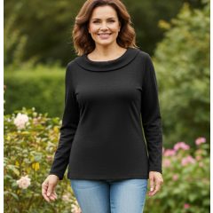   Babagalléros, kerek nyakú, hosszú ujjú,  fekete színű, pamutos anyagú felső 42-50