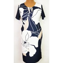 Elől-hátul sötétkék alapon, fehér-bézs színű, virág mintával díszített, alkalmi ruha  42-50