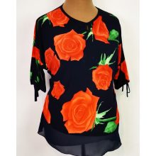 Nagy piros, rózsa virág mintával díszített, alsó részén muszlin rátétes, selymes anyagú felső 42-52