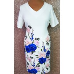   Halvány rózsaszín-királykék színű rózsa virág mintával díszített ruha 42-52