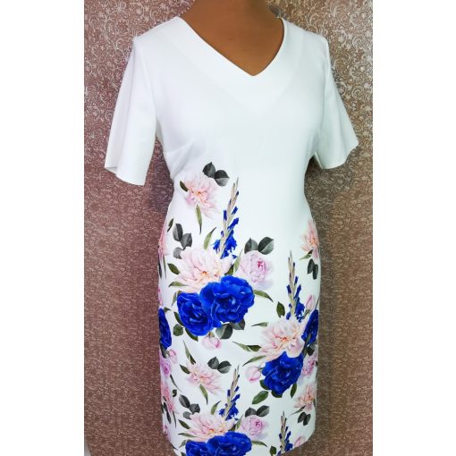 Halvány rózsaszín-királykék színű rózsa virág mintával díszített ruha 42-52