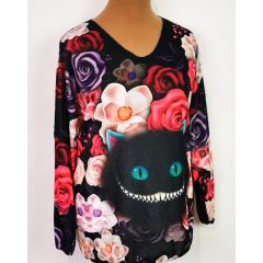   "V" nyakú, ejtett vállú, fekete alapon színes virág mintás, pamutos anyagú felső 2XL/4XL