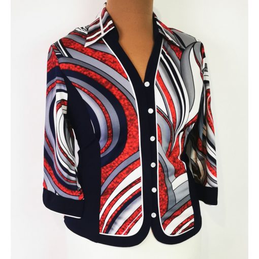 Sötétkék betétes, fehér-szürke-piros mintával díszített felső 42-50