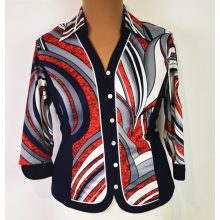 Sötétkék betétes, fehér-szürke-piros mintával díszített felső 42-50