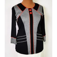   "V" nyakú, 3/4-es ujjú, hátul egyszínű fekete, elől piros szürke mintás, pamutos anyagú felső XL-3XL