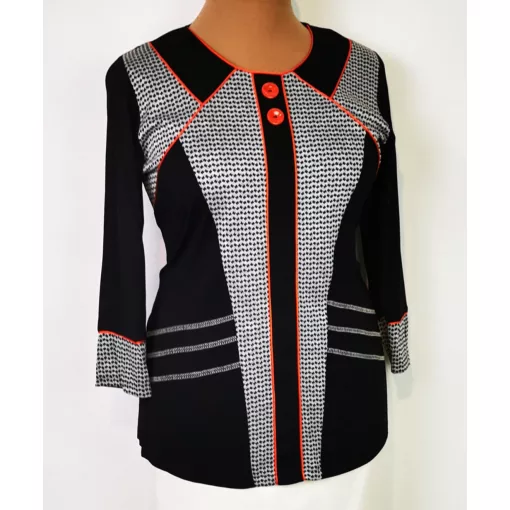 "V" nyakú, 3/4-es ujjú, hátul egyszínű fekete, elől piros szürke mintás, pamutos anyagú felső XL-3XL