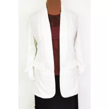 Kihajtós nyakú, 3/4-es húzott ujjú, fehér színű, álzsebes selymes anyagú, nyitott blézer XL/2XL