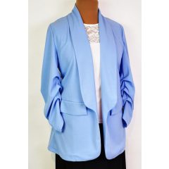   Kihajtós nyakú, 3/4-es huzott ujjú, világoskék színű, álzsebes selymes anyagú, nyitott blézer XL/2XL