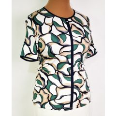   Kerek nyakú, rövid ujjú, fehér-zöld-sötétkék mintás, pamutos anyagú felső L-4XL