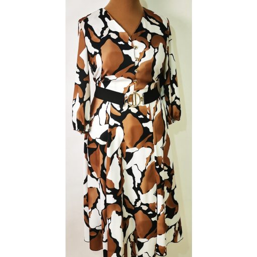 "V" nyakú, 3/4-es ujjú, deréknál szabott, loknis aljú, barna-fehér színű mintás, elől felsliccelt, alkalmi maxi ruha, ajándék övvel 42-48