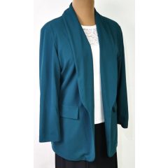   Kihajtós nyakú, 3/4-es húzott ujjú, sötétzöld színű, álzsebes, selymes anyagú, nyitott blézer XL/2XL