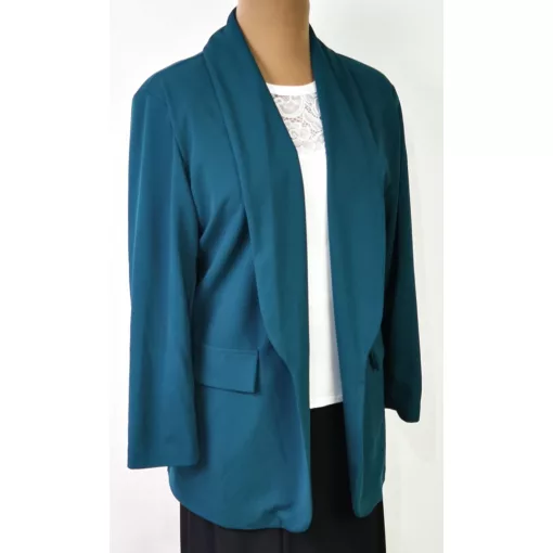 Kihajtós nyakú, 3/4-es húzott ujjú, sötétzöld színű, álzsebes, selymes anyagú, nyitott blézer XL/2XL