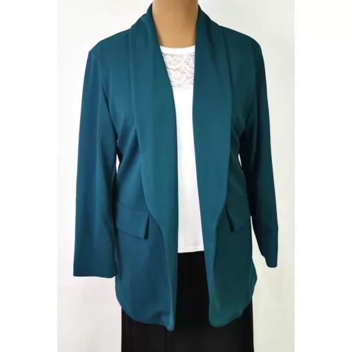 Kihajtós nyakú, 3/4-es húzott ujjú, sötétzöld színű, álzsebes, selymes anyagú, nyitott blézer XL/2XL