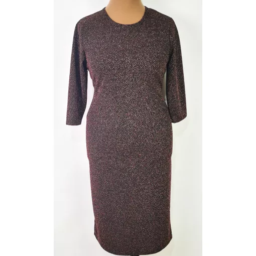 Kerek nyakú, 3/4-es ujjú, fekete színű alapon, bronzbarna, csillogó mintás ruha 46-54
