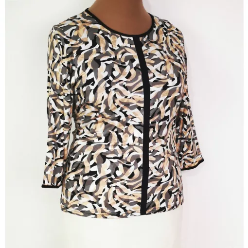 Kerek  nyakú, 3/4-es ujjú, fehér-bézs-fekete színű mintás, pamutos anyagú felső L-4XL