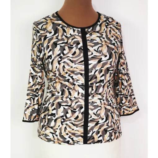 Kerek  nyakú, 3/4-es ujjú, fehér-bézs-fekete színű mintás, pamutos anyagú felső L-4XL