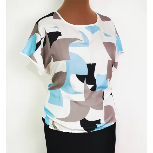 Világoskék-barna-fekete mintás, alul gumis, selymes anyagú felső L-4XL