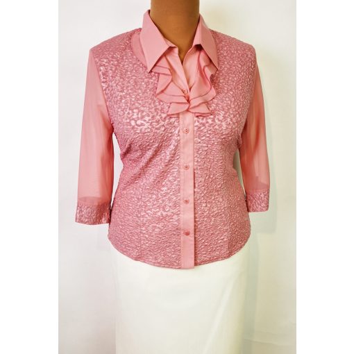 Mályva színű, nyaknál fodorral díszített, anyagában mintás felső L-4XL