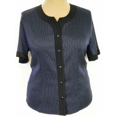   Fekete alapszínű, ezüst kék színű, apró pöttyös mintás, pamutos anyagú alkalmi felső L-4XL