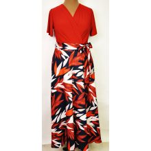 Fehér-piros színű mintás, deréknál megköthető, selymes anyagú, alkalmi maxi ruha 42-52