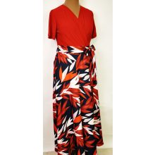 Fehér-piros színű mintás, deréknál megköthető, selymes anyagú, alkalmi maxi ruha 42-52