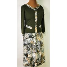 Zöld-bézs-barna színű, enyhén csillogó mintás, loknis aljú, alkalmi ruha 44-54