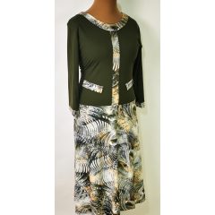   Zöld-bézs-barna színű, enyhén csillogó mintás, loknis aljú, alkalmi ruha 44-54