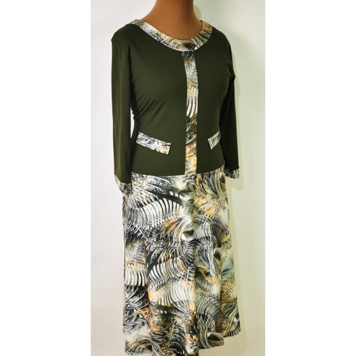 Zöld-bézs-barna színű, enyhén csillogó mintás, loknis aljú, alkalmi ruha 44-54