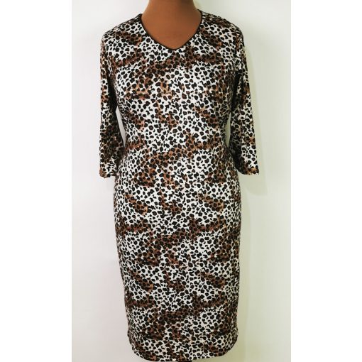 "V" nyakú, 3/4-es ujjú, leopárd mintás, hátul felsliccelt, rugalmas, pamutos anyagú ruha 44-58