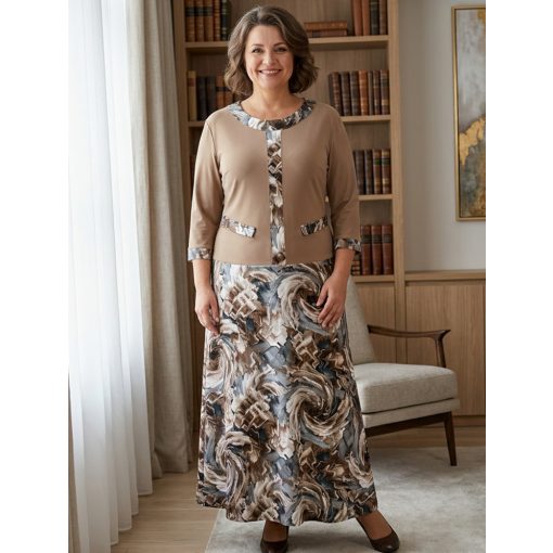 Kerek nyakú, 3/4-es ujjú, felső része barna színű, alsó része bézs-barna színű, enyhén csillogó mintás, loknis aljú, alkalmi ruha 44-54