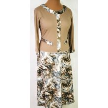 Kerek nyakú, 3/4-es ujjú, felső része barna színű, alsó része bézs-barna színű, enyhén csillogó mintás, loknis aljú, alkalmi ruha 44-54