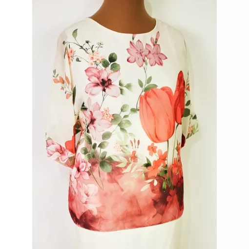 Kerek nyakú, rövid ujjú, színes virág mintás, muszlin anyagú felső  2XL/4XL